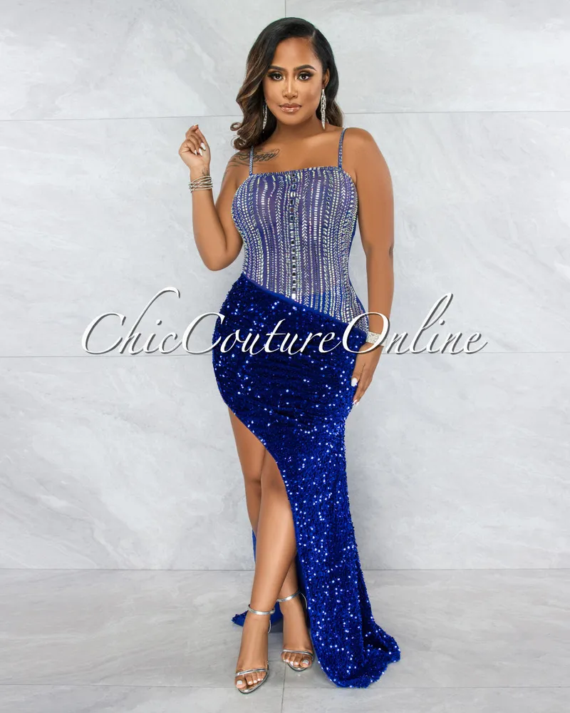 Castro Royal Blue Rhinestones Sequins Maxi Dress