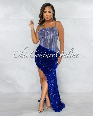 Castro Royal Blue Rhinestones Sequins Maxi Dress
