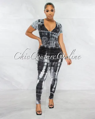 Maya Black White Tie-Dye Print V-Neck Jumpsuit