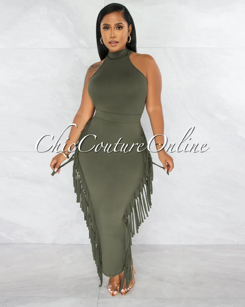 Rommey Olive Green Crop Top & Tassels Pencil Maxi Skirt Set