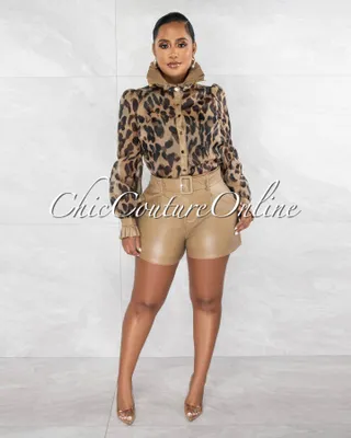 Benny Leopard Sheer Blouse &  Nude Faux Leather Shorts Set