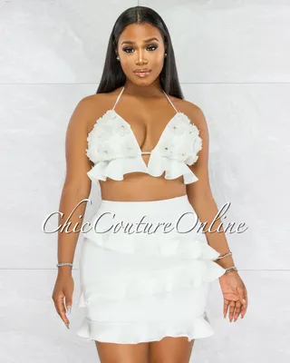 Wagner Off-White Embroidery Crop Top & Ruffle Skirt Set