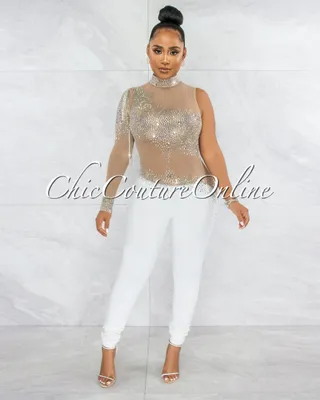 Zulia Nude White Mesh Rhinestones Single Sleeve Jumpsuit