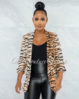 Merona Nude Black Tiger Print Boyfriend Long Blazer