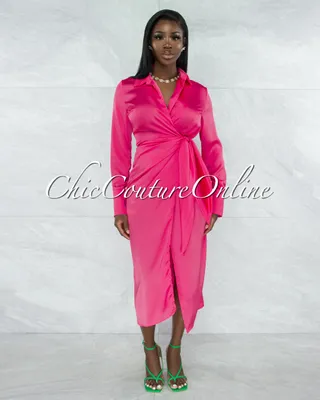Diane Hot Pink Wrap Satin Midi Dress