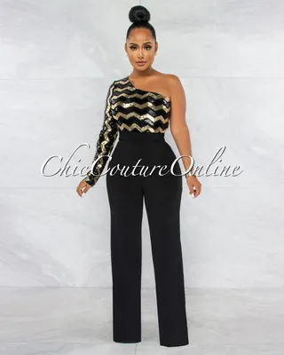 Define Black Gold Chevron Sequins Single Sleeve Jumpsuit