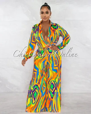 Macedonia Orange Multi-Color Retro Print Deep V-Neck Jumpsuit