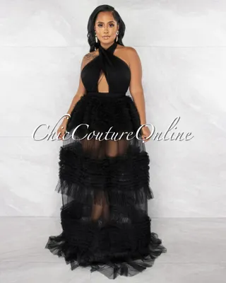 Pleasant Black Halter Tulle Ruffle Maxi Dress