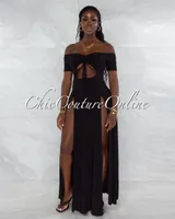 Roline Black Ruched Neckline Double Slit Bodysuit Maxi Dress