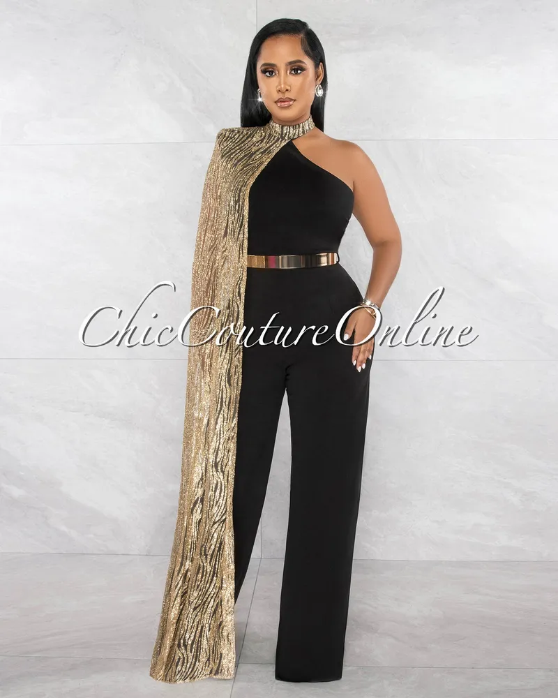 Chic Couture Online Prya Black Gold Shimmer Overlay Bendable Belt Jumpsuit