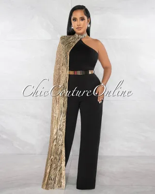 Prya Black Gold Shimmer Overlay Bendable Belt Jumpsuit