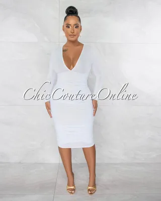 Benigna Deep V-Neck Ruched Midi Dress