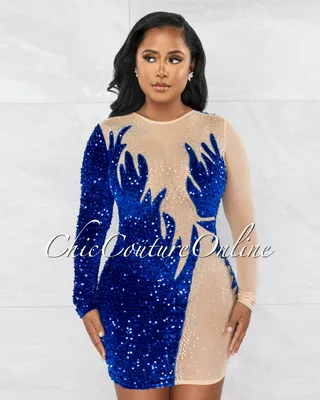 Abielle Royal Blue Velvet Nude Mesh Rhinestones Sequins Mini Dress