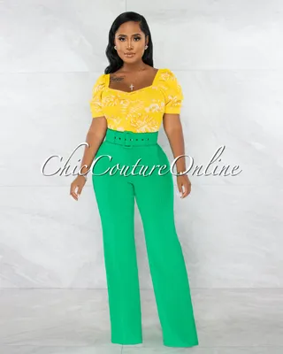 Faina Kelly Green Belt High Waist Palazzo Pants