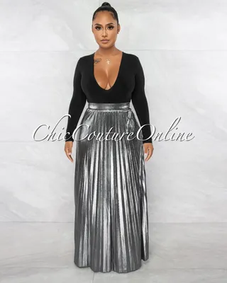 Olina Silver Shimmer Pleated Maxi Skirt