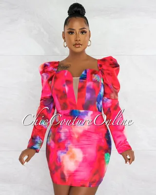 Roberson Fuchsia Print Statement Sleeves Corset Style Dress