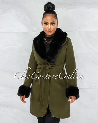 Entica Olive Green Black Faux Fur Coat