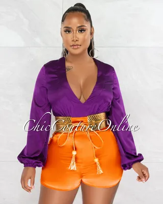 Prasie Purple Orange Gold Belt Silky Romper