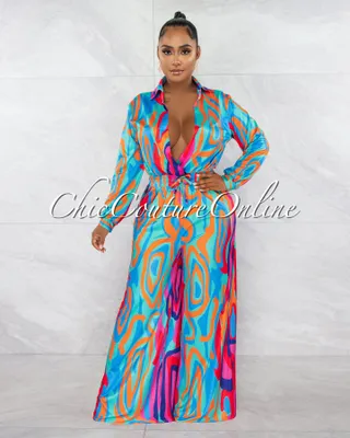 Macedonia Fuchsia Multi-Color Retro Print Deep V-Neck Jumpsuit