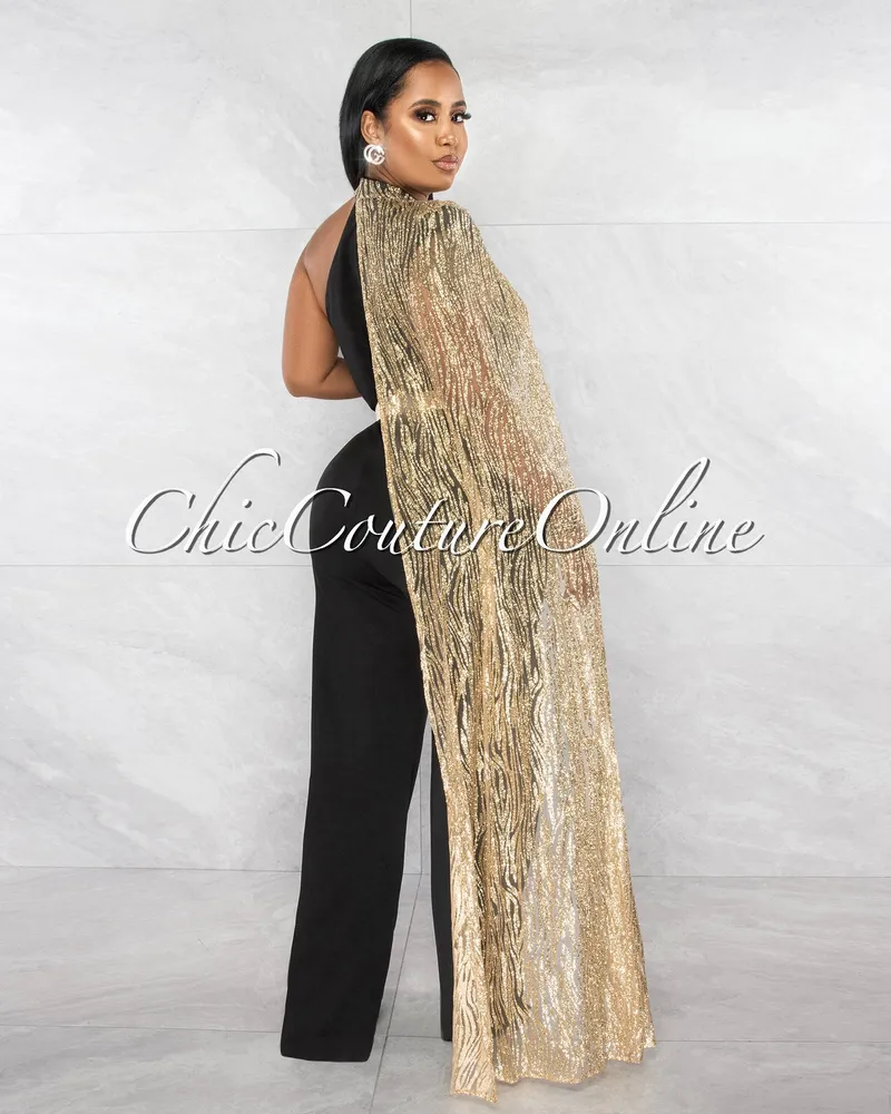 Chic Couture Online Prya Black Gold Shimmer Overlay Bendable Belt Jumpsuit