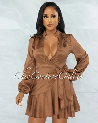 Raffy Copper Wrap Long Sleeves Ruffle Satin Dress