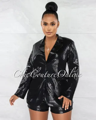 Suzu Black Sequins Oversized Blazer & Shorts Set