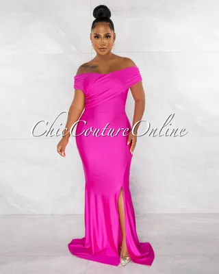 Dewey Hot Pink Drape Off-The Shoulders Maxi Dress