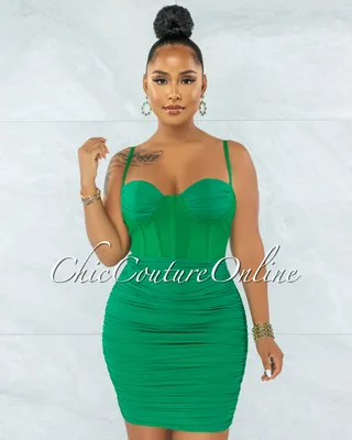 Bassett Kelly Green Mesh Ruched Bandage Corset Dress