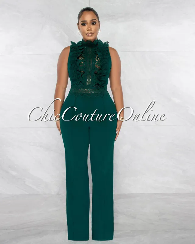 Chic Couture Online Dayra Hunter Green Lace See-Through Crochet Details  Bodysuit