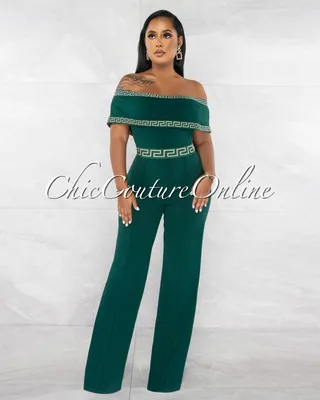 Montaro Hunter Green Fret Trim Off-The Shoulders Jumpsuit