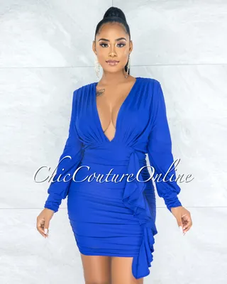 Jaddua Royal Blue Plunging V-Neck Draped Ruffle Dress