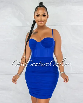 Bassett Royal Blue Mesh Ruched Bandage Corset Dress