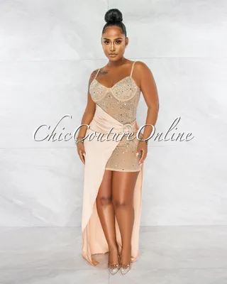 Briella Nude Rhinestones Mesh Sheer Dress & Gold Silky Overlay