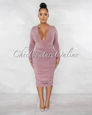 Benigna Mauve Deep V-Neck Ruched Midi Dress