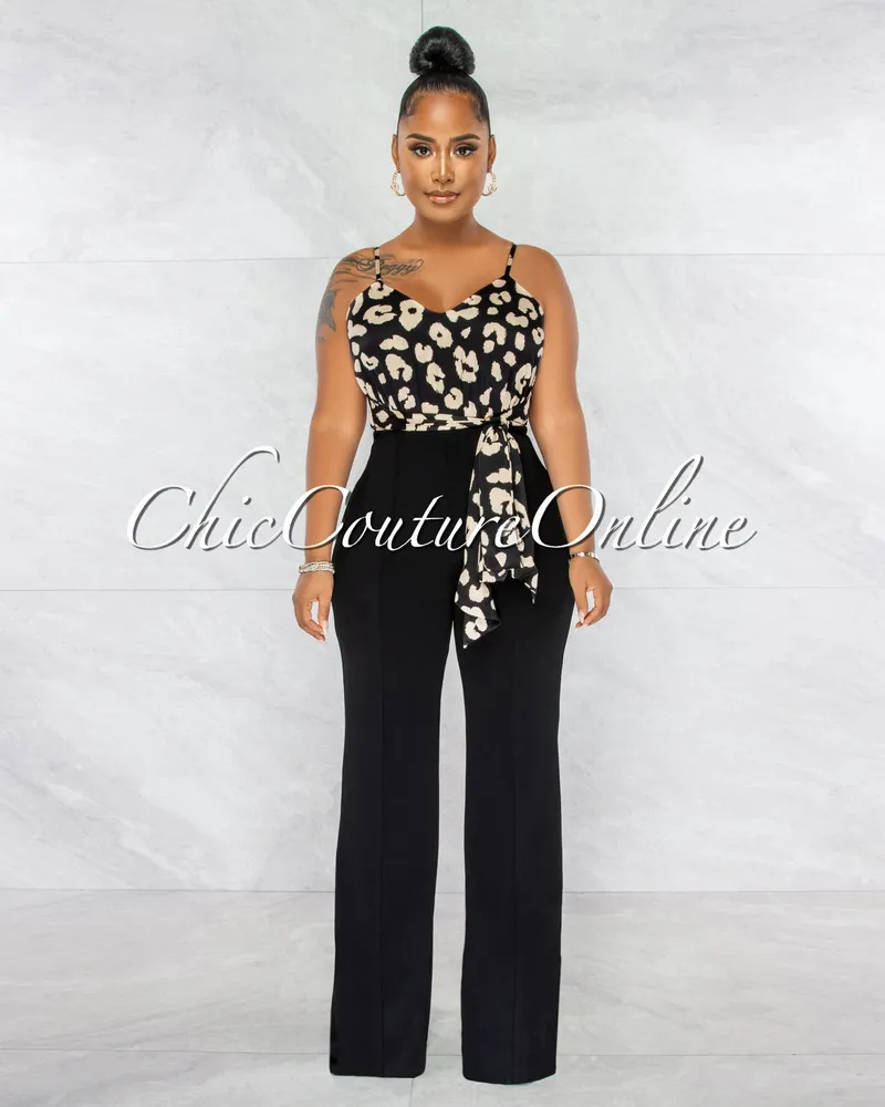 Aubrey Black Nude Leopard Print Silky Top Two-Tone Jumpsuit