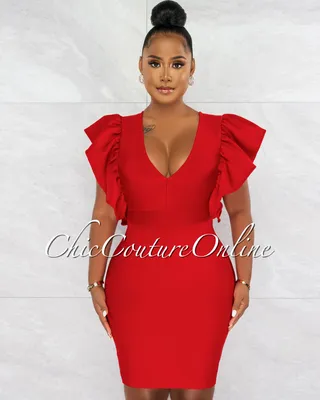 Barend V-Neck Ruffle Sleeves Bandage Midi Dress