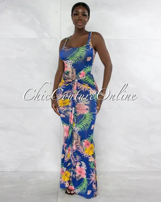 Larbay Navy Multi-Color Floral Print Front Tie Maxi Dress
