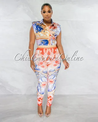 Ariadne White Red Blue Multi-Color Print Blouse & Leggings Set