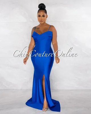 Klaus Royal Blue Off-The Shoulders Side Slit Maxi Dress