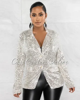 Tahsin Nude Silver Sequins Long Sleeves Blazer