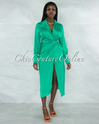 Diane Emerald Green Wrap Satin Midi Dress