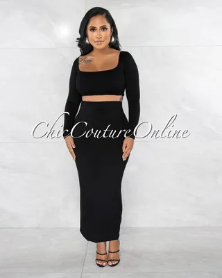 Tuccia Black Crop Top & Midi Skirt Double Lined Set