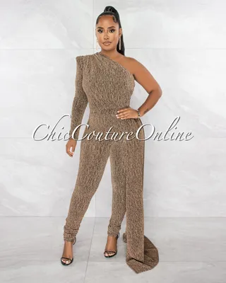 Brenna Black Gold Single Sleeve Train Jumpsuit Dress