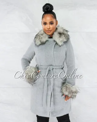 Holland Heather Grey Nude Faux Fur Belted Coat