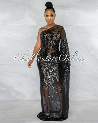 Guida Black Sequins Sheer Single Long Sleeve Dress