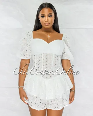 Khayla Off-White Eyelet Ruffle Skater Romper