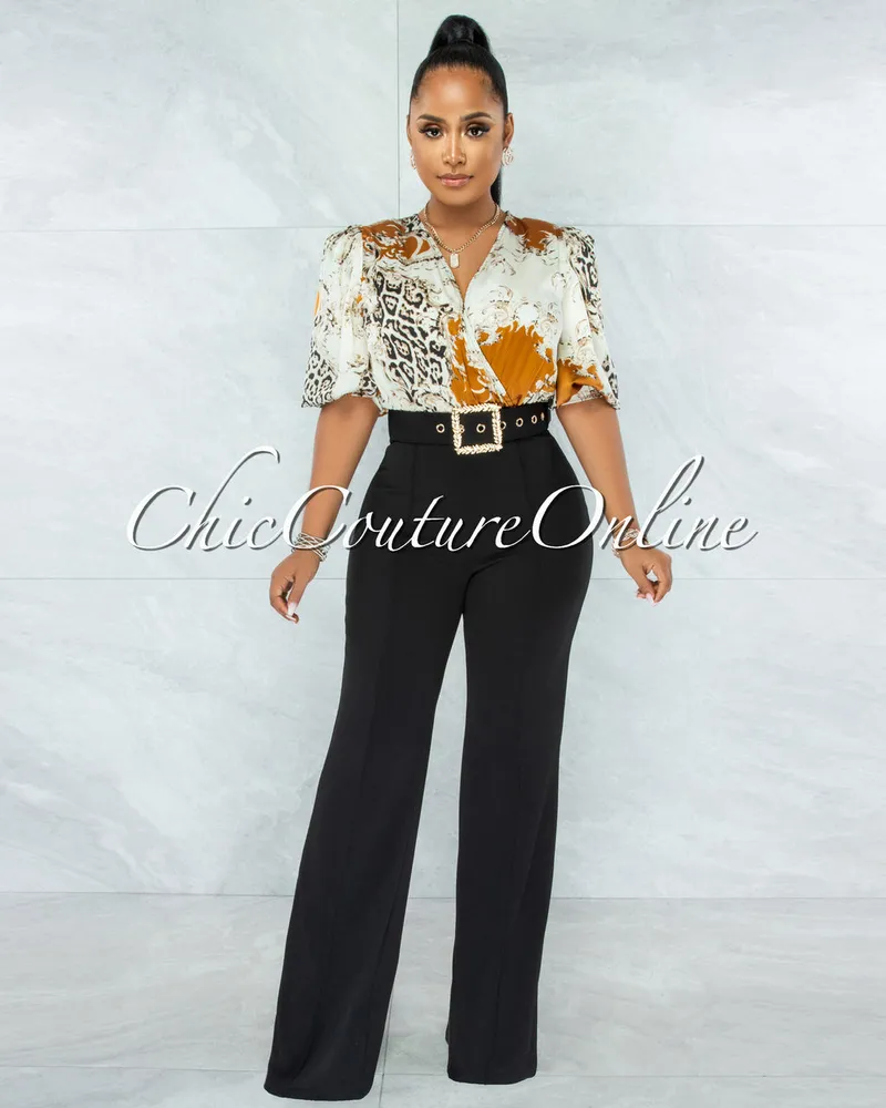 Vendor-unknown Gabriela Nude Multi Print Top Gold Buckle Belt