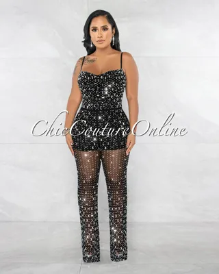 Nikola Black Silver Rhinestones Mesh Sheer Legs Jumpsuit