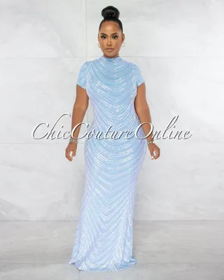 Gorane Baby Blue Chevron Sequins Maxi Dress