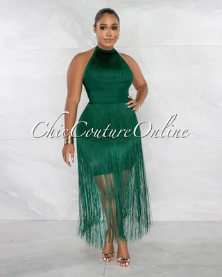 Clara Hunter Green Halter Fringe Bandage Dress